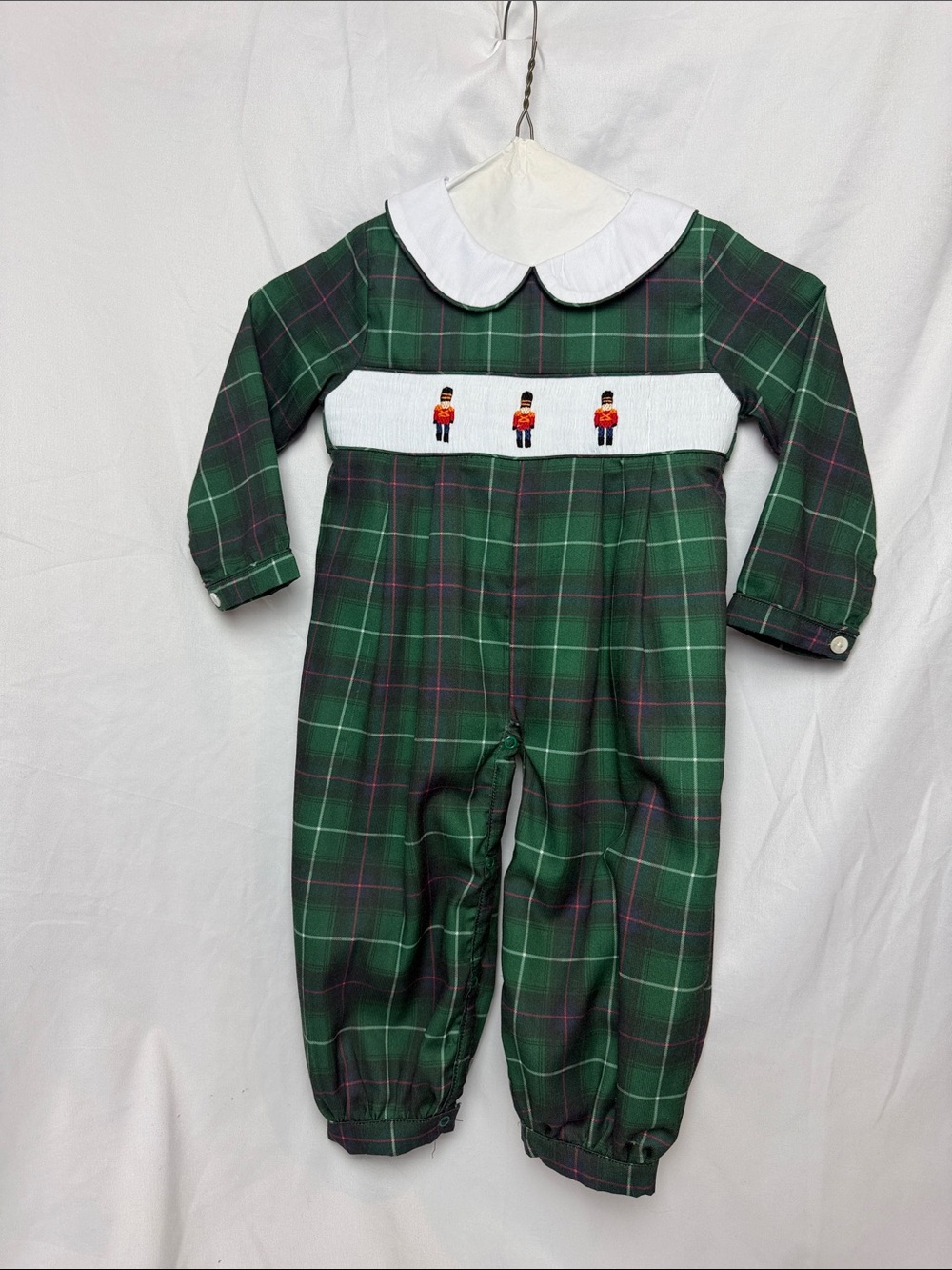 Green Plaid Smocked Nutcracker Footie One-Piece for Kids